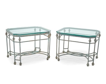 A pair of Modern patinated metal and glass side tables