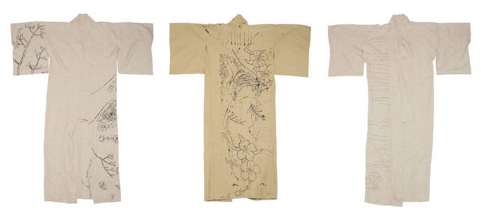 Alec Monopoly (b. 1986), Three kimonos from the film "The Girl from Nagasaki," 2013: Alec Monopoly(b. 1986)Three kimonos from the film "The Girl from Nagasaki," 2013Acrylic on linen and cottonTwo signed: Alec; each numbered to interior collar lower edge: K118, K119, K14466.5