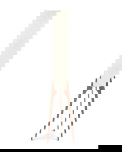 A Modern rocket-style floor lamp: A Modern rocket-style floor lampMid-20th centuryThe two-light lamp in a tripod wood base surmounted by a cylindrical waxed paper shade, electrifiedLamp: 43.25&quot; H x 11.75&quot; Dia.; Shade: 31.75&
