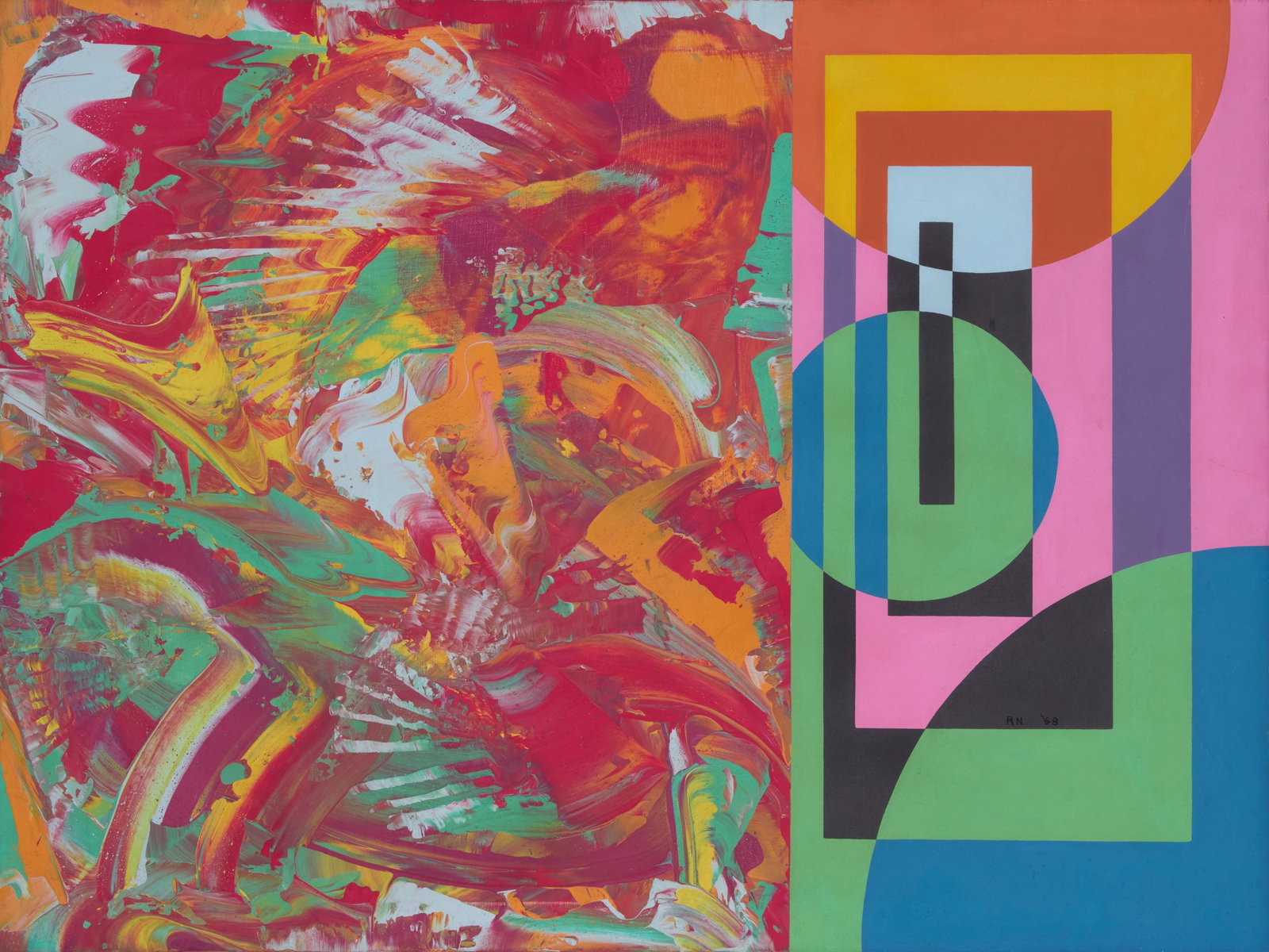 Richard Nelson (1904-1972), "Peace or War, Construction or Destruction," 1968: Richard Nelson (1904-1972) "Peace or War, Construction or Destruction," 1968 Oil on canvas Initialed and dated lower right: RN '68; signed, titled, and dated again in pencil, all on the stre