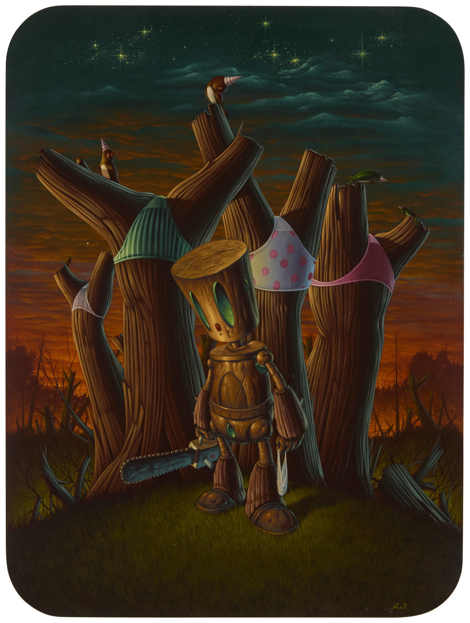 Nathan Ota (20th century), "Panty Trees," 2009: Nathan Ota (20th century) "Panty Trees," 2009 Acrylic on panel Initialed and dated lower right: No.09; signed and dated again, and titled verso: Nathan Ota 09; titled on two labels affixed v