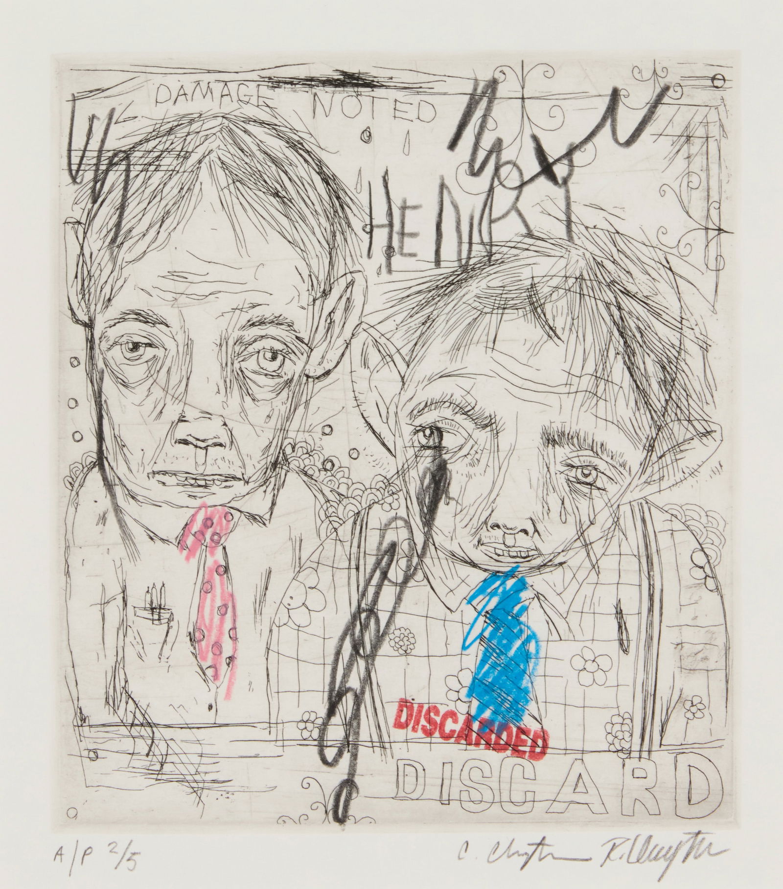 Clayton Brothers (Rob Clayton (b. 1963) and Christian Clayton (b. 1967): Clayton Brothers (Rob Clayton (b. 1963) and Christian Clayton (b. 1967))"Damage Noted," 2003Etching with hand-coloring in pencil, colored pencils, and a red ink stamp on white wove paperEdit