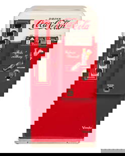 A Vendo H56 Coca-Cola vending machine: A Vendo H56 Coca-Cola vending machineCirca 1958 with later elementsNo serial number presentThe painted metal refrigerated vending machine with slant shelf vending apparatus, a 10-cent coin slot, crank
