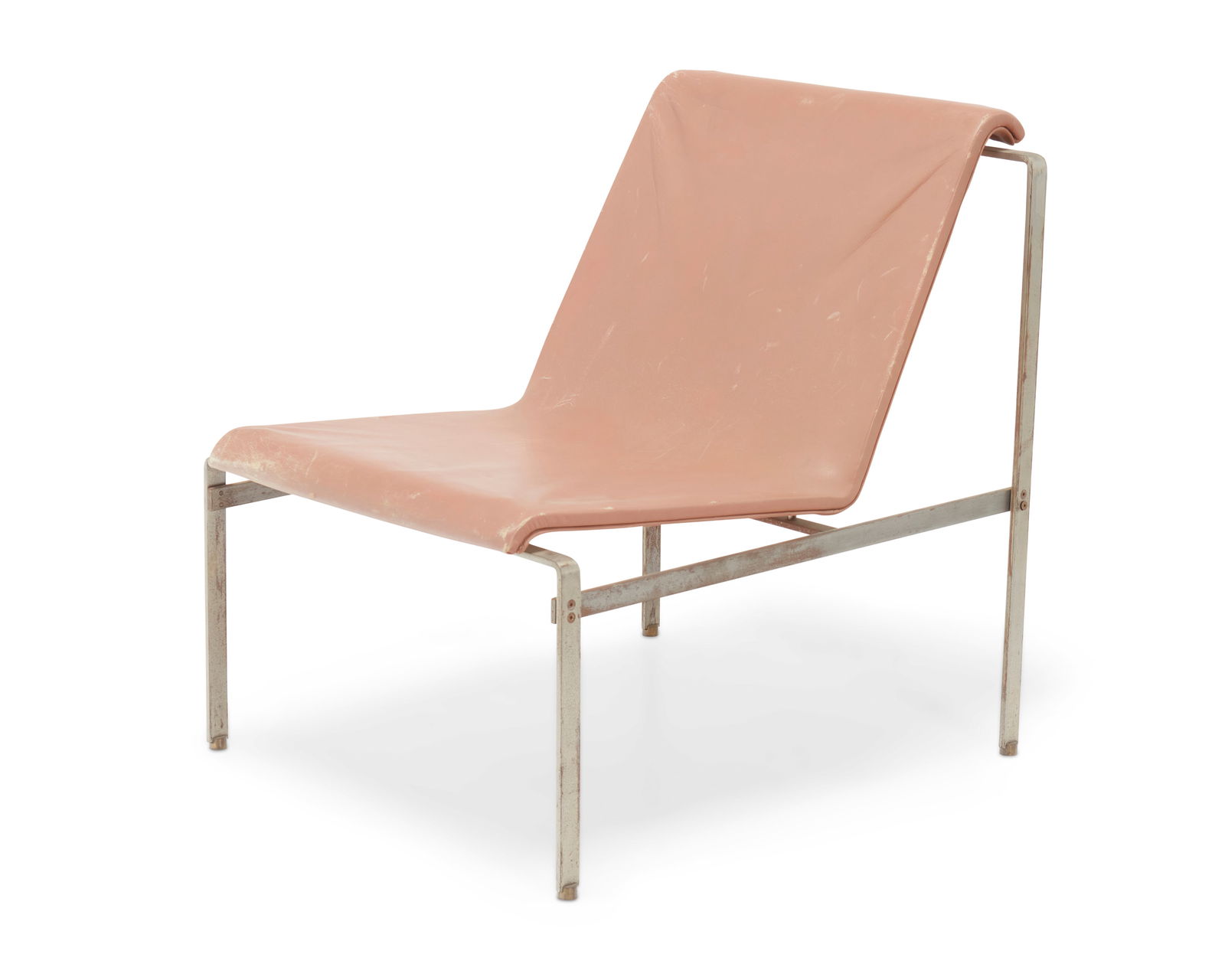 In the manner of Charles Pollock (1930-2013), A Modern lounge chair, mid-20th century: In the manner of Charles Pollock (1930-2013)A Modern lounge chair, mid-20th centuryUnmarkedThe chair with brushed steel frame and pink leather upholstered sling seat27.75" H x 23.5" W x 28.5