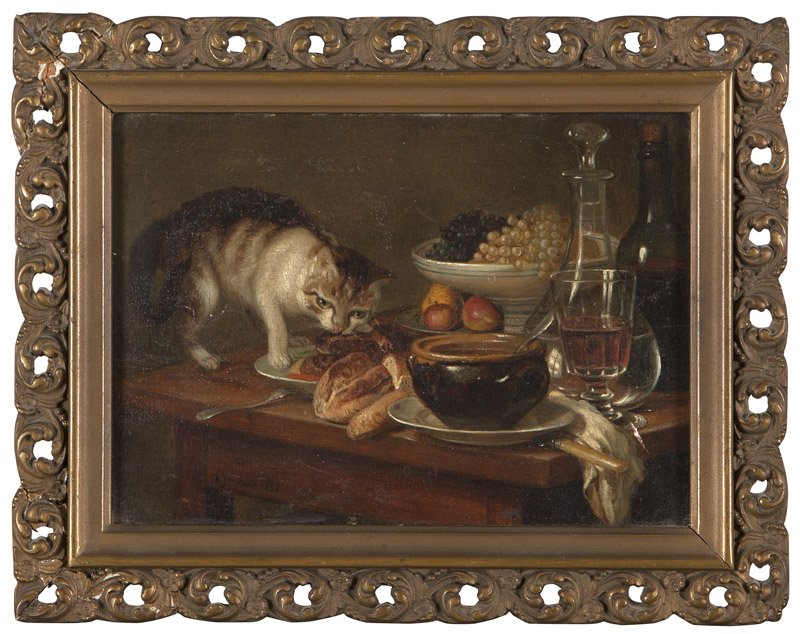Hector Francois Joncherie (1824-* French): Still life with cat, signed and dated lower left: H. Joncherie 1858, oil on cradled panel, 6'' H x 8'' W, est:$800/1200 Provenance: Private Collection, Los Angeles, CA, prior to the 1950s; by descent 