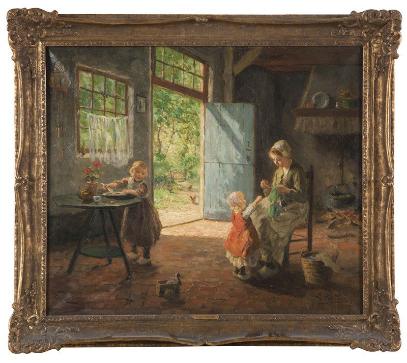Evert Pieters (1856-1932 Dutch): Woman and children in a Dutch interior, signed lower right: E. Pieters, oil on canvas, 30'' H x 36'' W, est:$4000/6000 Provenance: Estate, Chatsworth, CA.