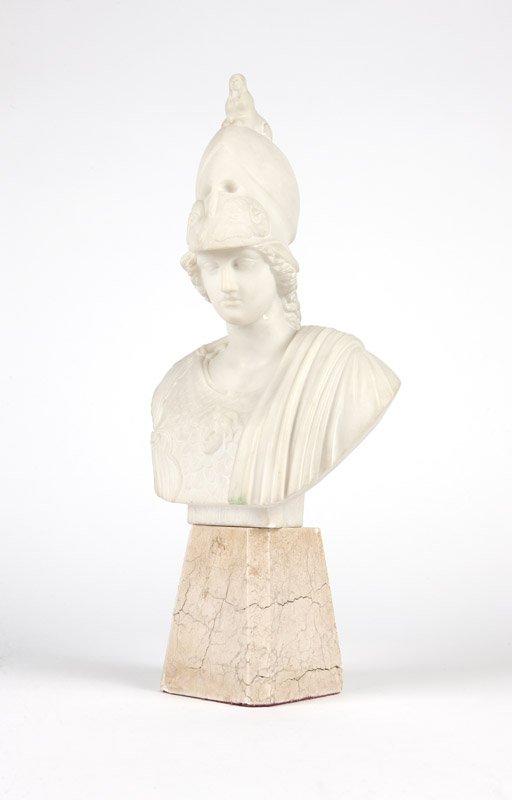 A carved soapstone bust of Minerva: Late 19th century, unsigned, inscribed ''Minerva'', mounted to a tan-colored stone pedestal, overall 23'' H x 10.5'' W x 7.5'' D, est:$800/1000 Provenance: Private Collection, Rancho Palos Verdes, CA.