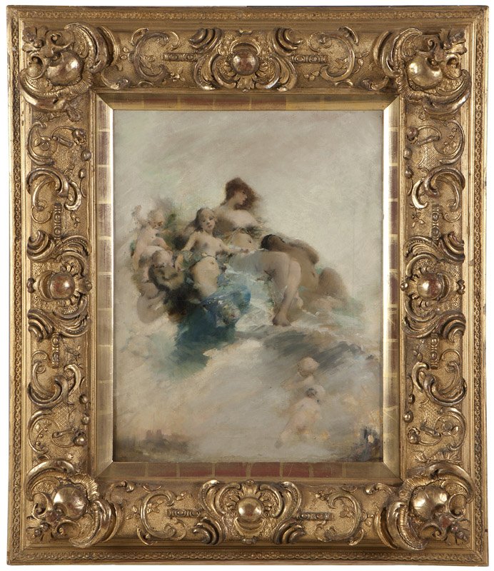 Georges Picard (1857-1946 French): Nude figures with putti, appears unsigned, bears authentication signature stamp on the cross stretcher, oil on canvas in an ornate carved gilt wood frame , 23'' H x 18'' W, est:$3000/5000 Provenance: 