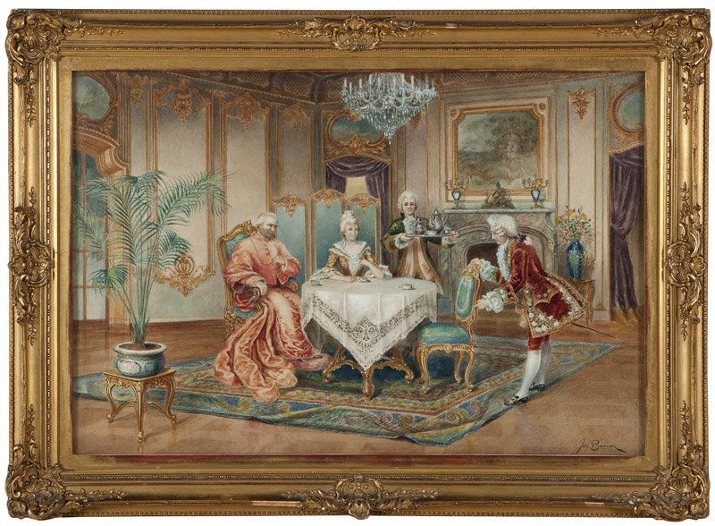 Joseph Burian (19th Century French): Cardinal and figures having tea in an ornate interior, circa 1880s, signed lower right: Jo. Burian, watercolor on paper under glass, sight size: 14.5'' H x 21.5'' W, est:$1000/2000 Provenance: Private