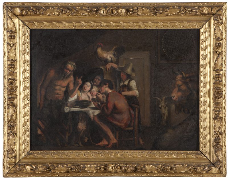 19th Century Continental School: Figures and Satyr in an interior, unsigned, oil on copper, 18'' H x 24'' W, est:$2000/3000 Provenance: Private Collection, Denver, CO.
