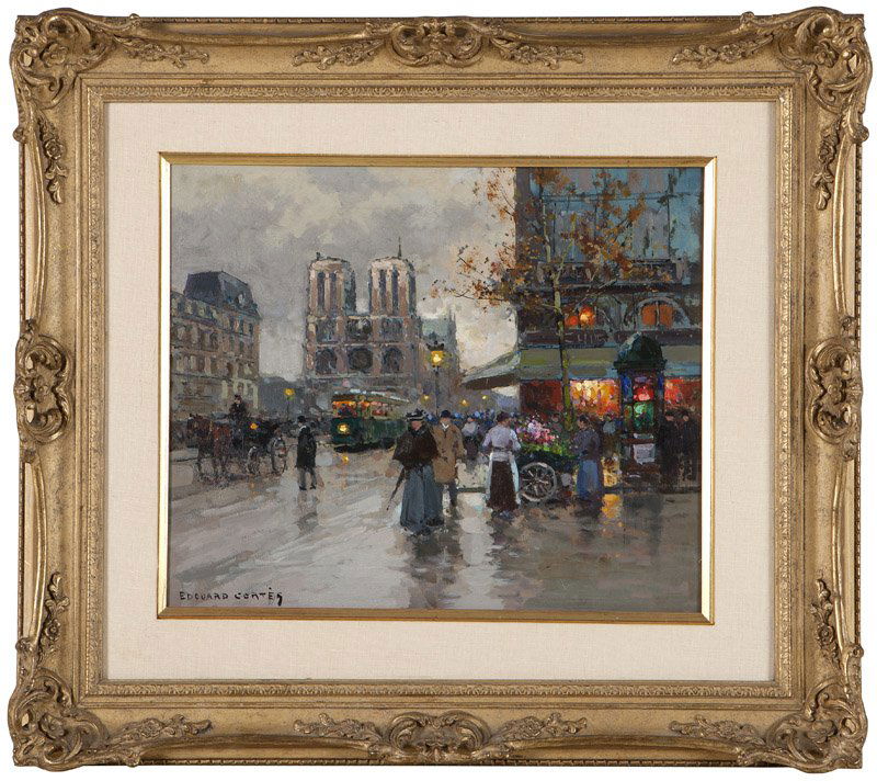Edouard Leon Cortes (1882-1969 French): Notre Dame, Saint Michel view, signed lower left: Edouard Cortes, oil on canvas, 15'' H x 19'' W, est:$20,000/30,000 Provenance: Estate, Arizona.