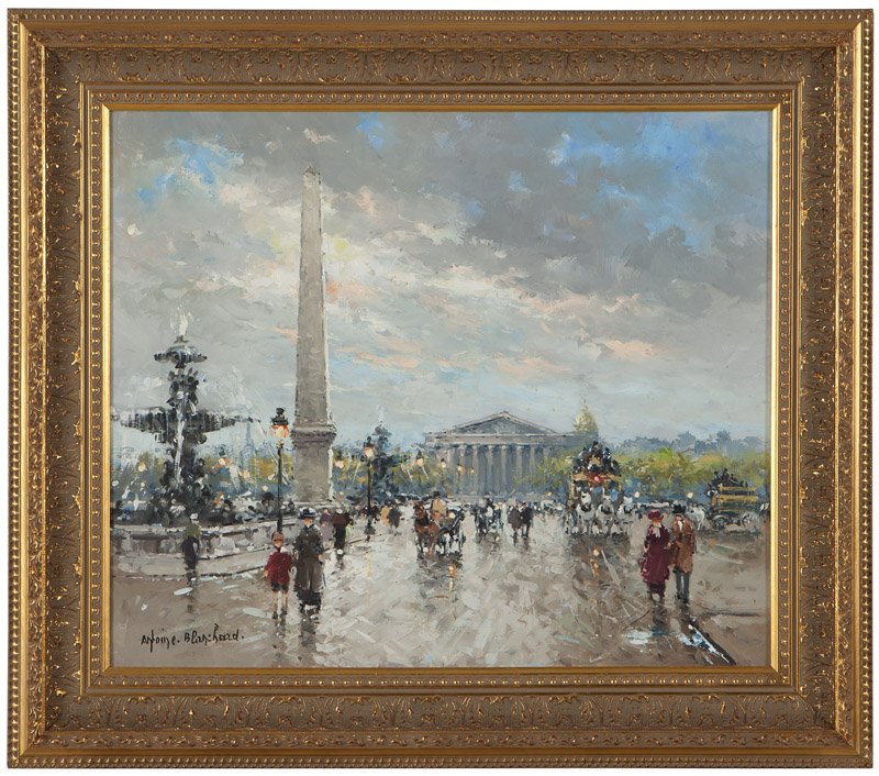 Antoine Blanchard (1910-1988 French): Place de la Concorde, Paris, signed lower left: Antoine. Blanchard., oil on canvas, 18.25'' H x 21.75'' W, est:$4000/6000 Note: With a printed artist's biography and a gum label affixed verso. The lab