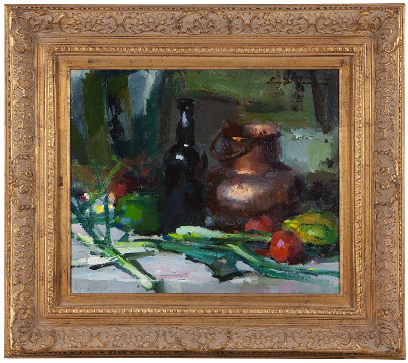 Sergei Bongart (1918-1985 Santa Monica, CA): Still life with wine bottle, copper pot and vegetables, signed upper right: Sergi Bongart, oil on canvas, 20'' H x 24'' W, est:$1000/1500 Provenance: Estate, Glendale, CA.