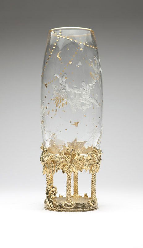 A Jean Boggio for Baccarat crystal vase & stand: Modern, limited edition, with ''Baccarat France'' logo and incised in script ''Baccarat'', further incised ''Jean Boggio'' and numbered ''6 / 50'', the swelling cylindrical body decorated with whimsic