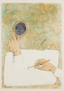 Mario Martin del Campo (b. 1945, Mexican), "Personajes," 1985: Mario Martin del Campo(b. 1945, Mexican)"Personajes," 1985Lithograph in colors with metallic paper collage on paperEdition: P/A 4/5 (one of five artist's proofs [prueba de artista], aside fr