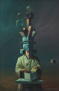 Fernando Garrido (b. 1955, Mexican), Seated figure with an open box, 1976: Fernando Garrido(b. 1955, Mexican)Seated figure with an open box, 1976Oil on canvasboardSigned and dated lower right: F Garrido 7612&quot; H x 8&quot; W