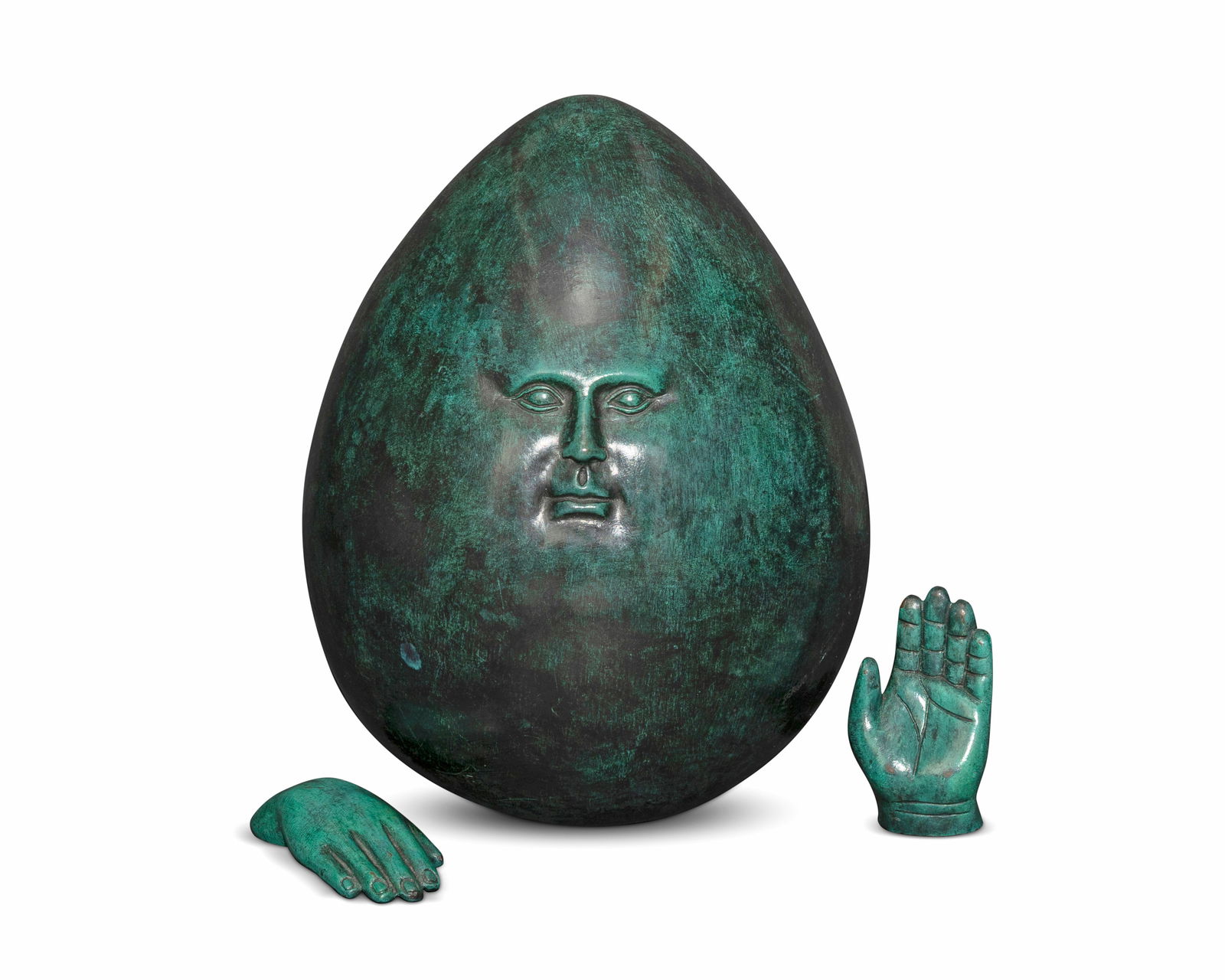 Sergio Bustamante (b. 1949, Mexican), Egg face and hands: Sergio Bustamante(b. 1949, Mexican)Egg face and handsPatinated bronze on acrylic plinthEdition: 71/100Signed and numbered to side: Sergio Bustamante ?3 piecesEgg: 9.5" H x 7" Dia.; Pli