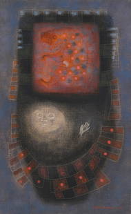 Mario Rangel Sanchez (b. 1938, Mexican), Composition with figure and animal, 1965: Mario Rangel Sanchez(b. 1938, Mexican)Composition with figure and animal, 1965Acrylic on linen laid to MasoniteSigned and dated lower right: Mario Rangel S. 6512&quot; H x 8&quot; W Provenance:S