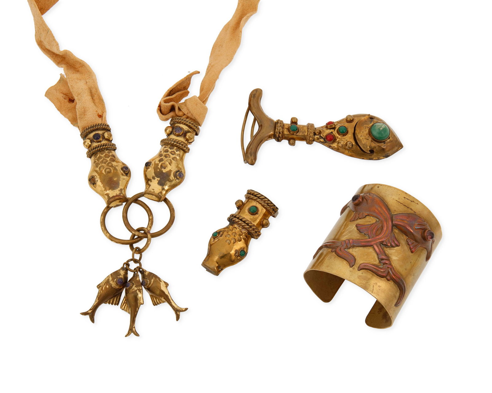 A group of mixed metal jewelry: A group of mixed metal jewelryMid-20th centuryVariously marked for maker and for MexicoFour works comprising a brass Hubert Harmon-style Maya two-piece snake head buckle with fish dangles and set amet