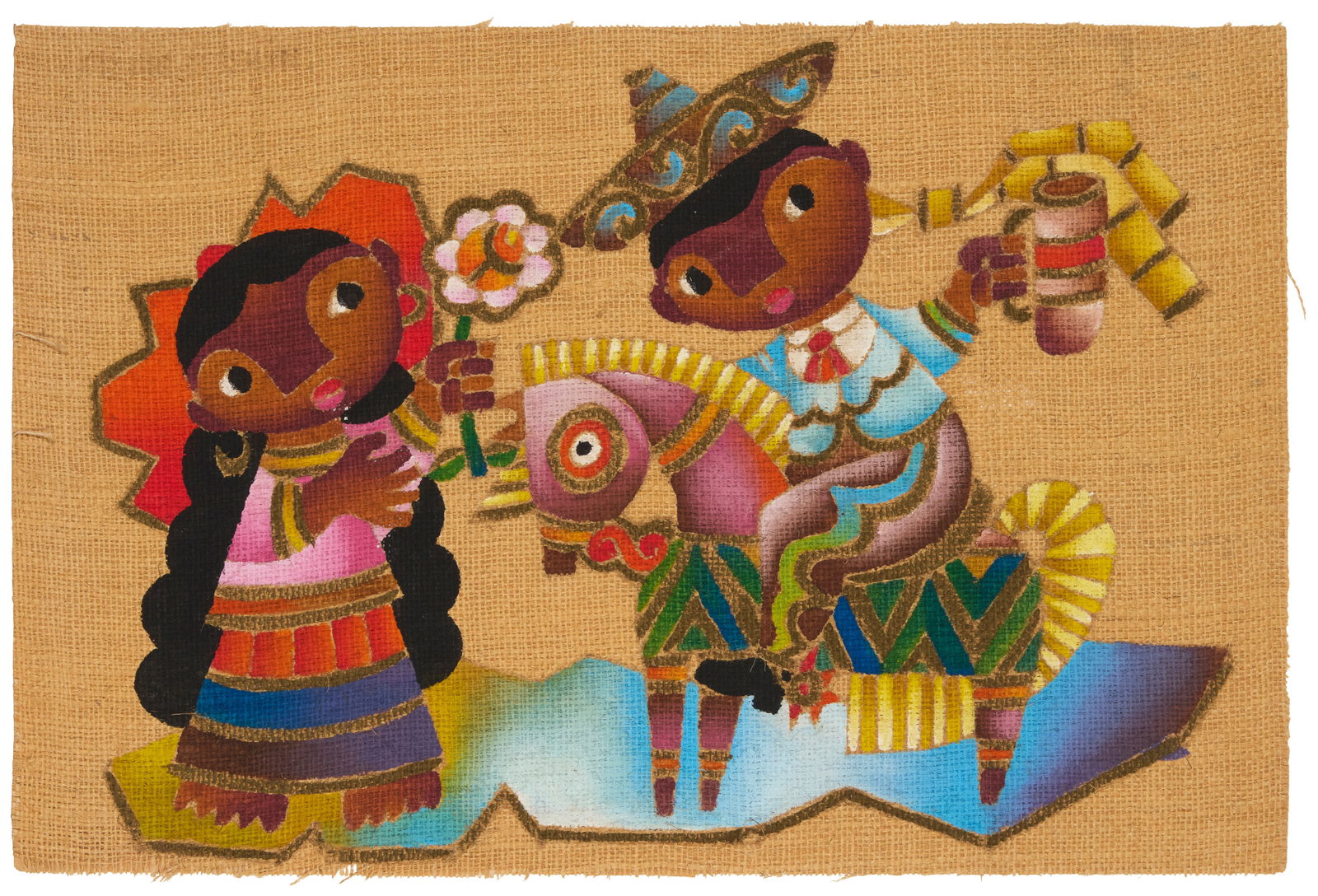 Attributed to Jose Maria de Servin (1917-1983, Mexican), Mexican children: Attributed to Jose Maria de Servin(1917-1983, Mexican)Mexican childrenOil on burlap laid to very thin paperUnsigned24.75" H x 38" W