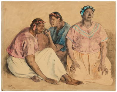Francisco Zuniga (1912-1998, Mexican), "Three Seated Women," 1972: Francisco Zuniga(1912-1998, Mexican)&quot;Three Seated Women,&quot; 1972Watercolor and charcoal on paperSigned and dated lower left: Zga / 1972; titled in the Catalogue RaisonneImage/Sheet: 19.75&quot