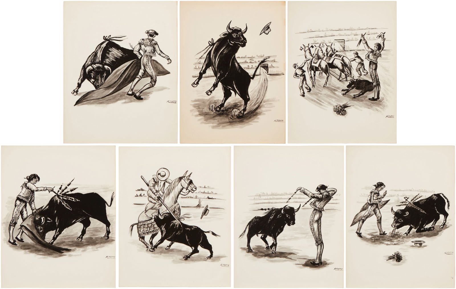 Ramiro Tapia (1931-2024, Spanish), Seven works: Bullfighting scenes (1 of 17)