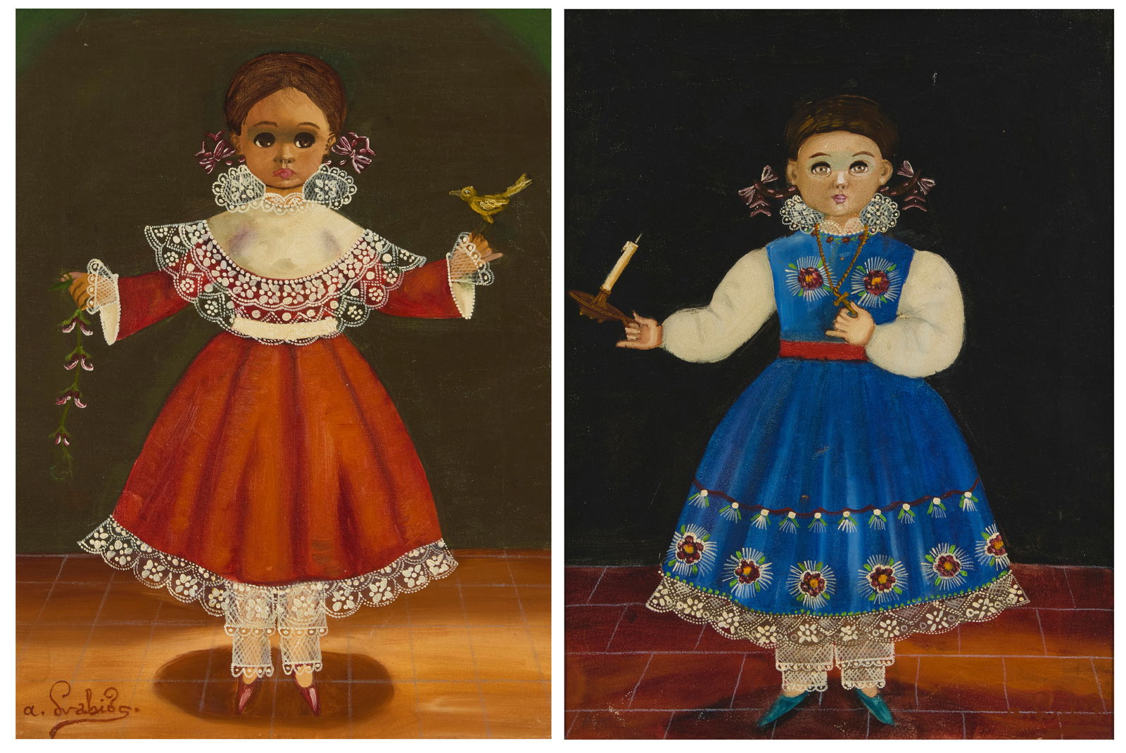 Agapito Labios (1898-1996, Mexican), A pair of portraits of children in traditional dresses: Agapito Labios(1898-1996, Mexican)A pair of portraits of children in traditional dressesEach: Oil on canvasOne signed lower left: a. LabiosEach: 16" H x 12" W