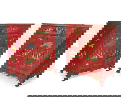 A pair of Mexican Olinala folk art painted cabinets: A pair of Mexican Olinala folk art painted cabinets20th centuryEach signed to front: Corona; one inscribed: Cita Ramelli; another inscribed, possibly reading: Idita RamelliThe red lacquered cabinets,