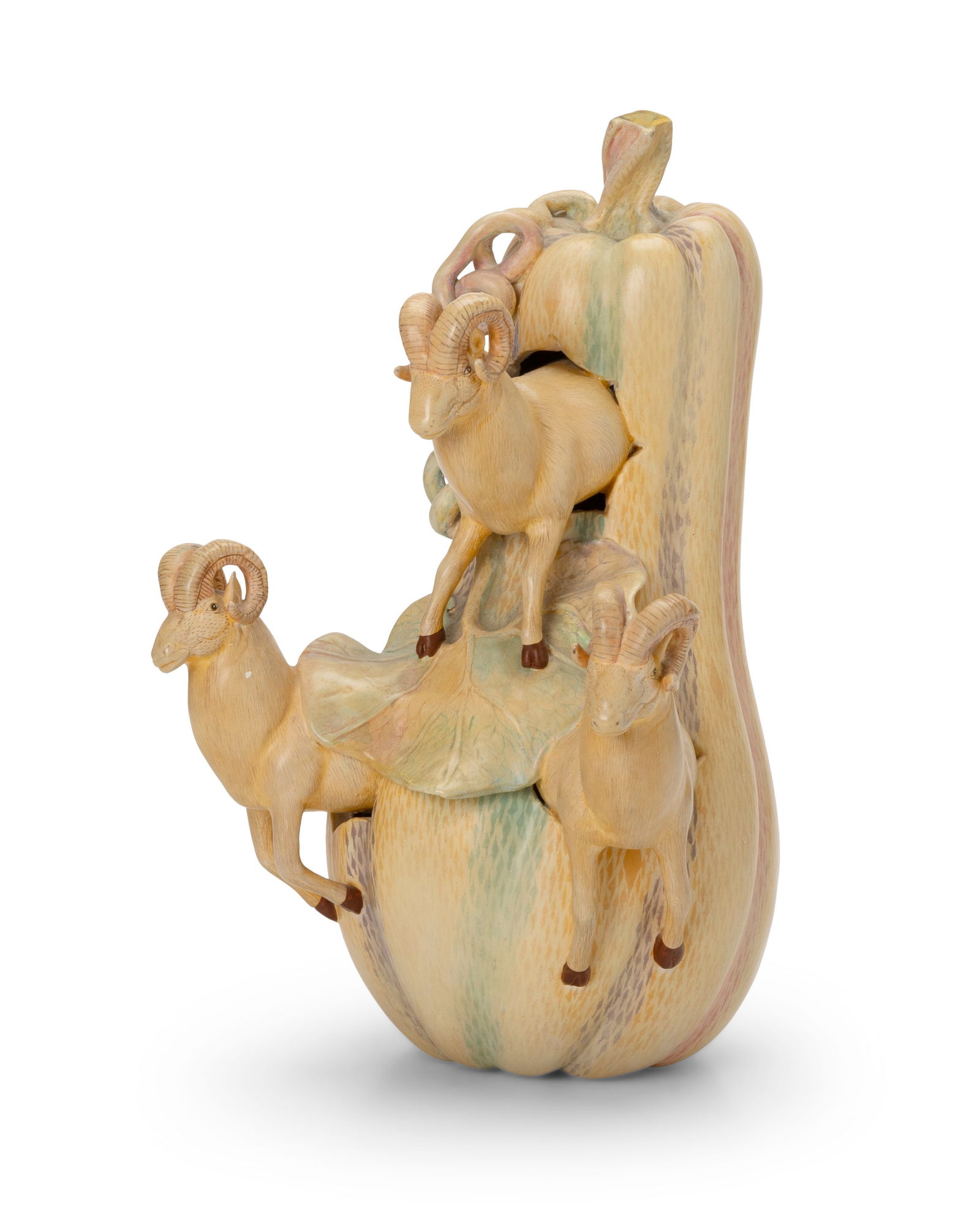 Sergio Bustamante (b. 1949, Mexican), Three rams and a gourd: Sergio Bustamante(b. 1949, Mexican)Three rams and a gourdPainted ceramicSigned to right side: Sergio Bustamante14.5" H x 9" W x 9.5" D