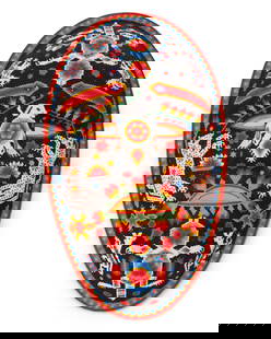 A Mexican Huichol beaded mask: A Mexican Huichol beaded maskEarly 21st centurySigned and inscribed verso: Nicolaza Bautista / [various ciphers] / Centro HuicholThe carved wood mask with polychrome beadwork designs depicting various