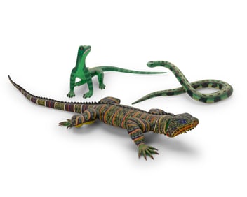Three Mexican alebrijes reptile figures
