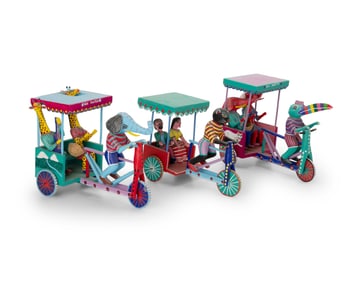 Three Martin Melchor Angeles alebrijes pedicab figures