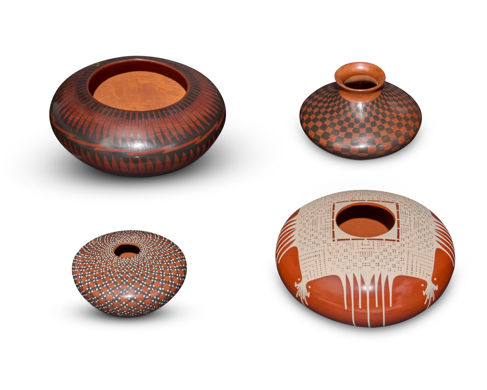 A group of Mata Ortiz redware pottery vessels: A group of Mata Ortiz redware pottery vesselsLate 20th/early 21st century; Chihuahua, MexicoFour works:Julio Ledezma (n.d.-2015)Two pottery vesselsEach incised to underside: Julio LedezmaEach decorate