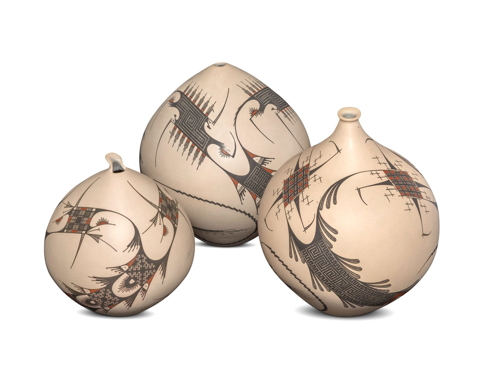 Mauro Quezada (b. 20th century), Three Mata Ortiz polychrome pottery seed pots, late 20th/early 21st (1 of 6)