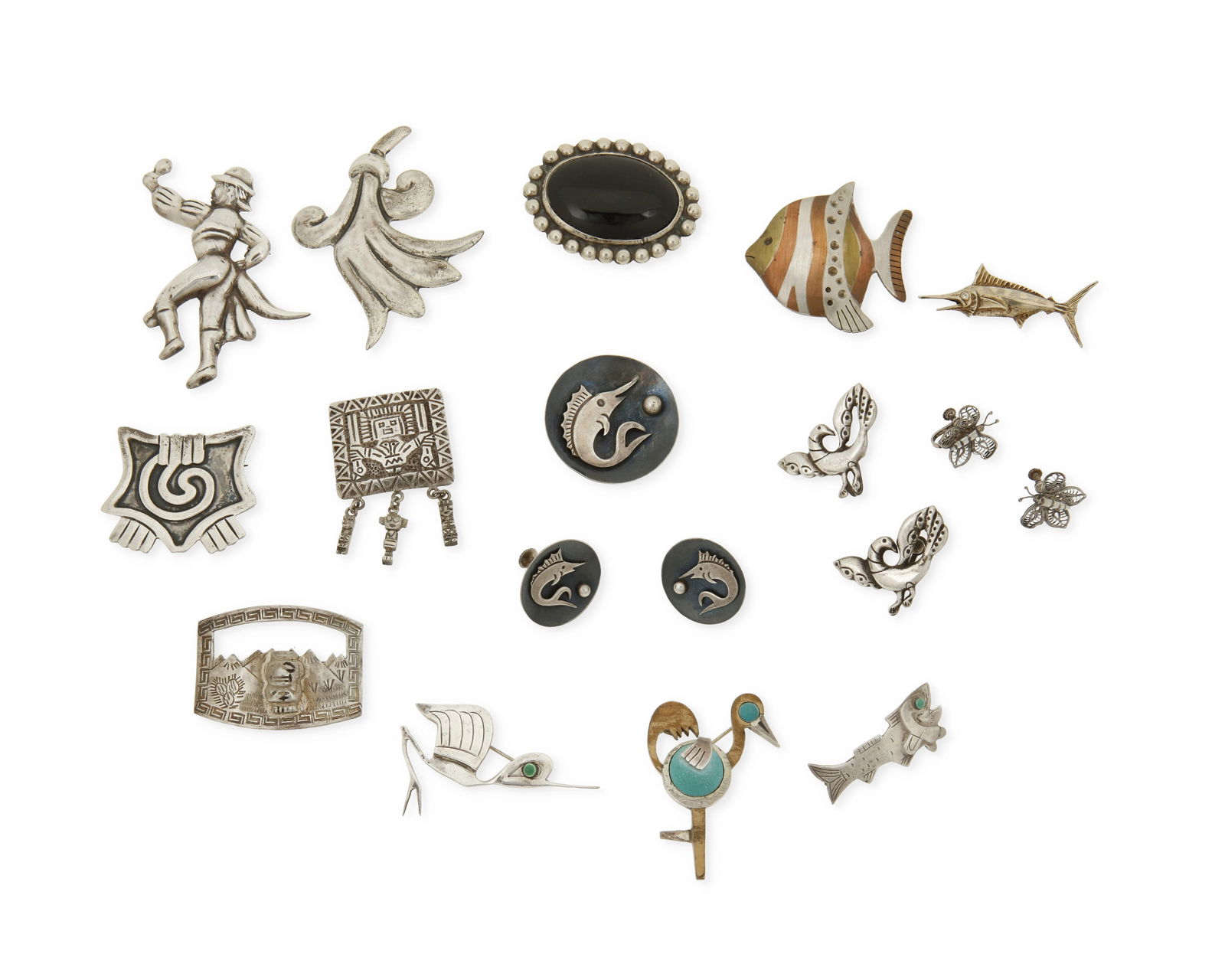 A group of Peruvian and Mexican silver and mixed metal jewelry: A group of Peruvian and Mexican silver and mixed metal jewelryMid-20th centuryMost variously marked for maker, for country, and for sterling; further variously marked: [Design number]Fifteen works in
