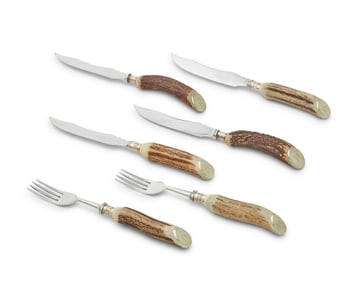 An Asprey silver plate-mounted antler-handled flatware service