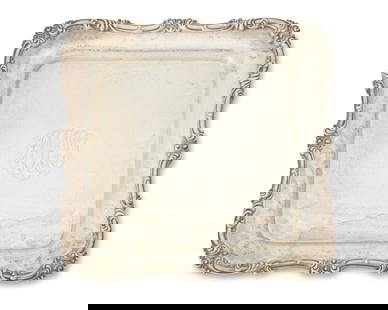 A Howard & Co. sterling silver square tray: A Howard & Co. sterling silver square tray1894; New YorkMarked: Howard & Co. / Sterling / New York / 1894 / 172With scroll decoration around the edge, personalized0.5" H x 10" W x 10" D24.2 oz. troy a