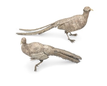 A pair of Italian sterling silver figures of pheasants