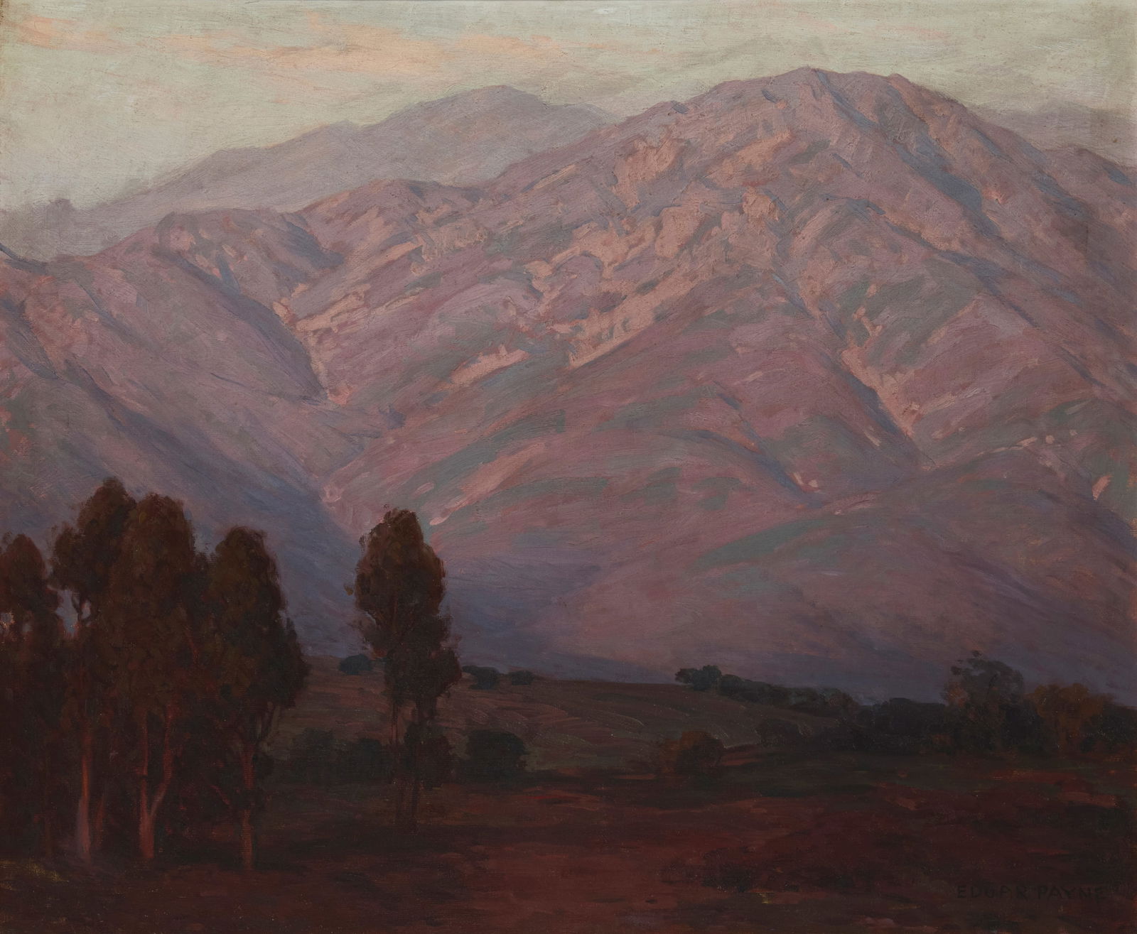 Edgar Alwin Payne (1883-1947), "San Gabriel Mountains - Jones Peak, Sierra Madre": Edgar Alwin Payne(1883-1947)"San Gabriel Mountains - Jones Peak, Sierra Madre"Oil on canvasSigned lower right: Edgar Payne; titled on the frame plaque28" H x 34" W Provenance:Private Colle