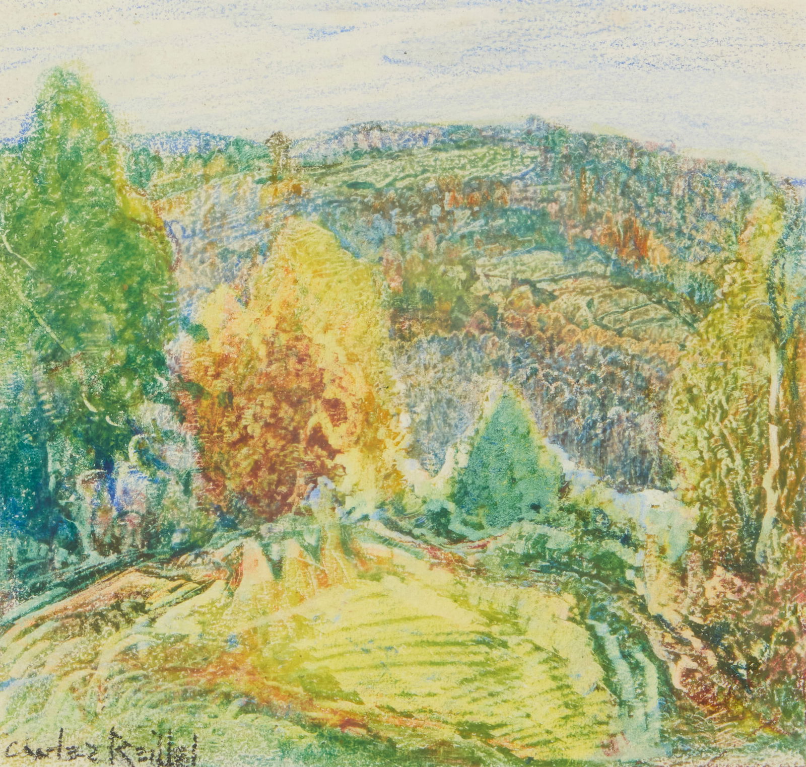 Charles Reiffel (1862-1942), Autumn landscape: Charles Reiffel(1862-1942)Autumn landscapeCrayon on paperSigned lower left: Charles ReiffelSight: 9.25" H x 9.75" W Provenance:Sold: John Moran Auctioneers, Pasadena, CA, October 22, 1996,
