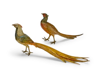Franz Xavier Bergmann (1861-1936), A pair of Viennese cold-painted bronze figures of pheasants,