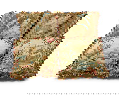 Two pairs of tapestry upholstered pillows: Two pairs of tapestry upholstered pillowsTapestries 18th/19th centuryEach with passementerie trim, comprising one pair depicting animal figures and another pair depicting child figures4 piecesAnimal p