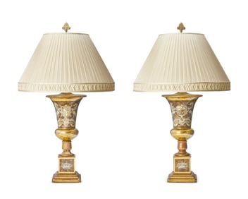 A pair of eglomise glass campana urn-form table lamps