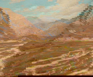 William Wendt (1865-1946), "The Arroyo Sunland (Dry Arroyo)," 1914: William Wendt(1865-1946)"The Arroyo Sunland (Dry Arroyo)," 1914Oil on canvas laid to cardboardSigned and dated lower right: 1914 William Wendt; signed again and titled in pencil on the stretcher bar,