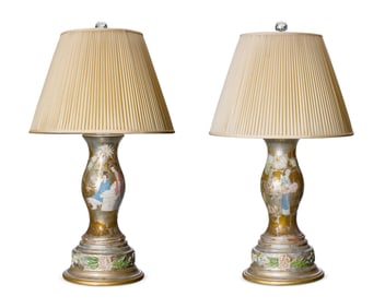 A pair of reverse-decorated glass lamps
