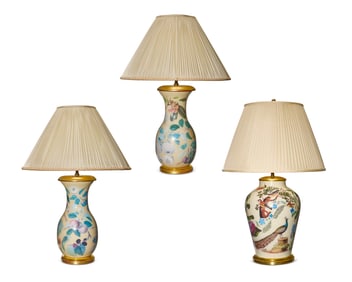 Three decalcomania-style glass urn-form table lamps