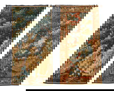 Two Flemish verdure tapestries: Two Flemish verdure tapestries18th centuryThe larger panel depicting a wooded landscape within a border of flowers and birds, and the smaller tapestry depicting a couple holding hands beneath a tree2
