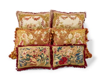 Three sets of tapestry upholstered pillows