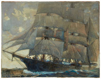Henry Bayley Snell (1858-1943), "The Old Windjammer": Henry Bayley Snell(1858-1943)"The Old Windjammer"Oil on canvas laid to canvasSigned lower right: Henry B. Snell; titled by repute34" H x 44" W Provenance:William P. Harrison Collection, no