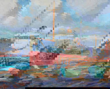 Joe Duncan Gleason (1881-1959), "Fitting out the S.S. Chapas, Craig Shipyard, Long Beach, Cal.": Joe Duncan Gleason(1881-1959)"Fitting out the S.S. Chapas, Craig Shipyard, Long Beach, Cal."Oil on canvasSigned lower right: Duncan Gleason; titled in pencil on the stretcher bar16.25" H x 20.25" W